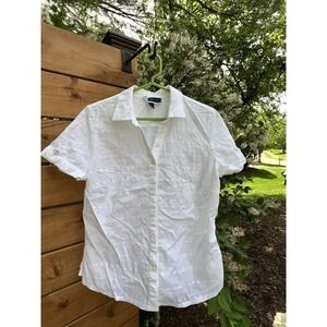 Karen Scott Petite Large White Eyelet Button Up Shirt Cotton Short Sleeve